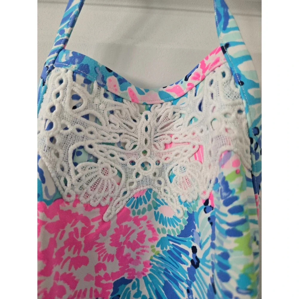 Lilly Pulitzer Girls Blue Pink Coral Reef Butterfly Lace Halter Tankini Top 10